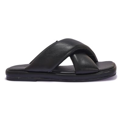 PADDED CROSS OVER FLAT SANDAL - BLACK/PU/SYNTHETIC