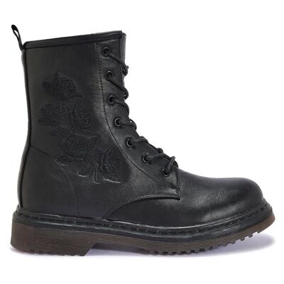 BLACK EMBROIDERY ANKLE LACE UP BOOT