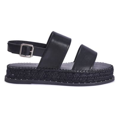 DOUBLE STRAP SANDAL ESPADRILLE WITH STUD DETAIL - BLACK/PU/SYNTHETIC
