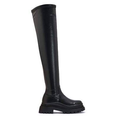 CHUNKY DOUBLE CLEATED SOLE KNEE HIGH BOOT - BLACK/PU/SYNTHETIC