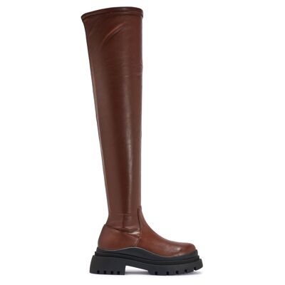 CHUNKY DOUBLE CLEATED SOLE KNEE HIGH BOOT - CHOCOLATE/PU/SYNTHETIC