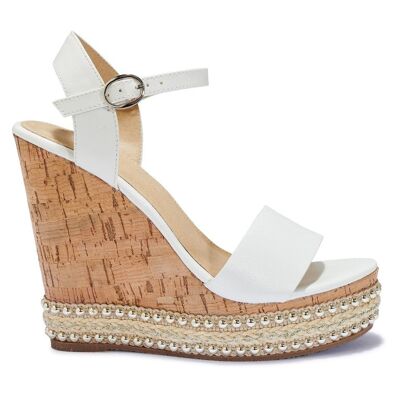 DIAMANTE TRIM CORKSCREW WEDGE SANDAL - WHITE/PU/SYNTHETIC