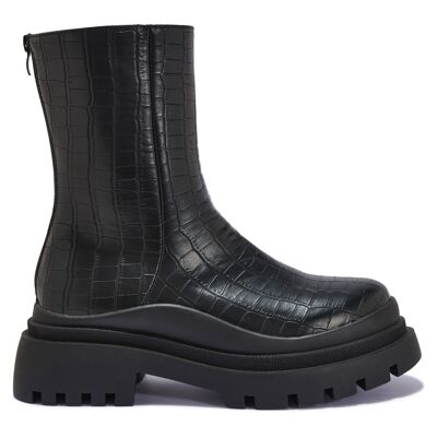 WIDEFIT CLEATED DOUBLE SOLE CHUNKY BOOTS - BLACK/CROC/PU/SYNTHETIC