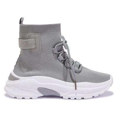 CHUNKY KNITTED LACE UP ANKLE TRAINER - GREY/KNIT/TEXTILE