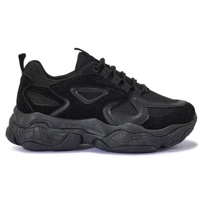WIDE FIT CHUNKY LACE UP BUBBLE TRAINER - BLACK/MICROFIBRE/SYNTHETIC