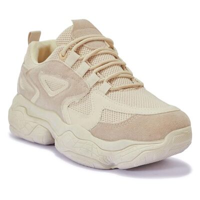 WIDE FIT CHUNKY LACE UP BUBBLE TRAINER - SAND/MICROFIBRE/SYNTHETIC