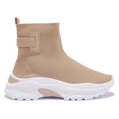 CHUNKY KNITTED PULL UP ANKLE TRAINER - BEIGE/KNIT/TEXTILE