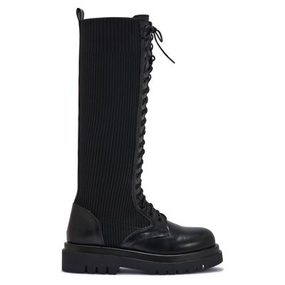 DOUBLE SOLE KNITTED LACE UP KNEE BOOT - BLACK/PU/SYNTHETIC