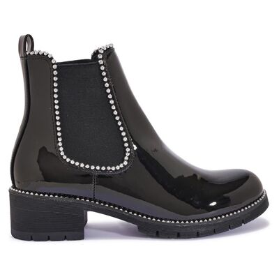 STUD DETAIL LOW BLOCK HEEL CHELSEA ANKLE BOOT - BLACK/PATENT/SYNTHETIC