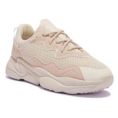 MESH PANEL LACE UP SPORTY TRAINER - SAND/MICROFIBRE/SYNTHETIC
