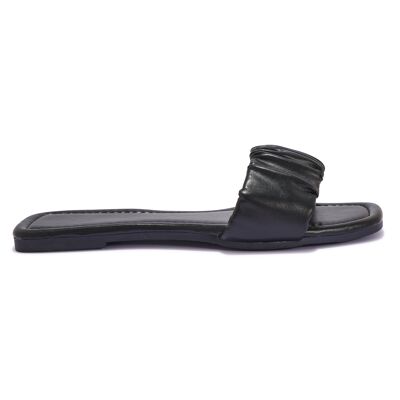 SQUARE TOE RUCHED FLAT SANDAL - BLACK/PU/SYNTHETIC