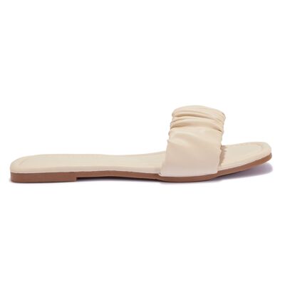SQUARE TOE RUCHED FLAT SANDAL - NUDE/PU/SYNTHETIC