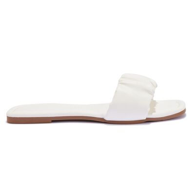 SQUARE TOE RUCHED FLAT SANDAL - WHITE/PU/SYNTHETIC