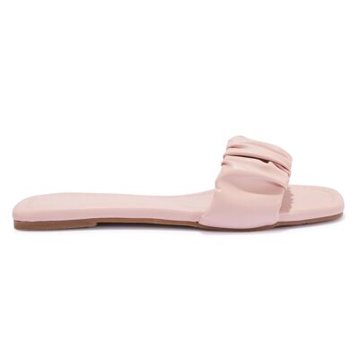 SQUARE TOE RUCHED FLAT SANDAL - PINK/PU/SYNTHETIC