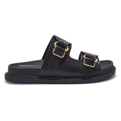 DOUBLE BUCKLE MOLDED FOOTBED SANDAL - BLACK/PU/SYNTHETIC