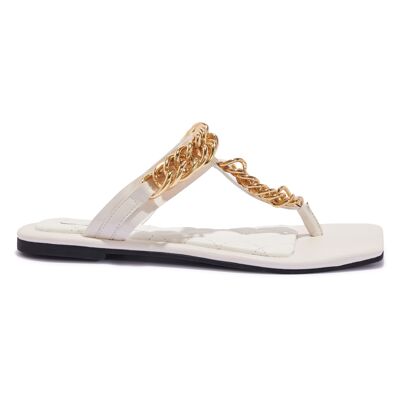 CHAIN DETAIL TOE POST WIDE SQUARE TOE FLAT SANDAL - WHITE/PU/SYNTHETIC