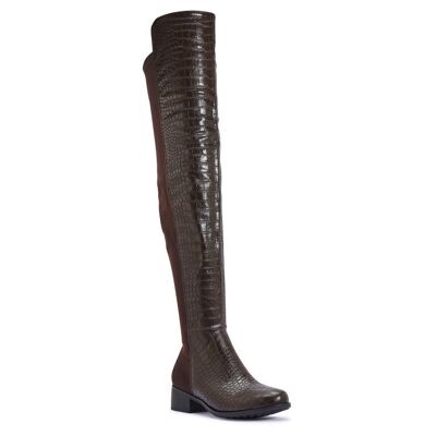 LOW BLOCK HEEL THIGH HIGH BOOT WITH LYCRA BACK - BLACK/CROC - Z-14