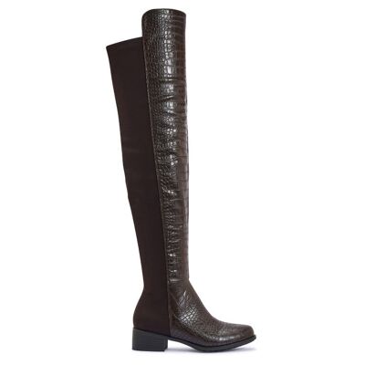 LOW BLOCK HEEL THIGH HIGH BOOT WITH LYCRA BACK - BROWN/CROC - Z-14