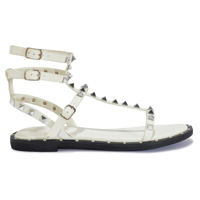 STUD DETAIL GLADIATOR FLAT SANDAL - WHITE/PU/SYNTHETIC