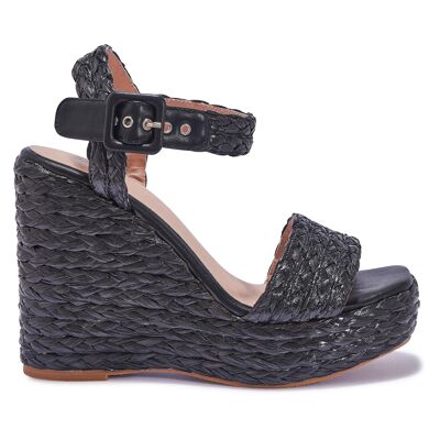 JUTE SANDAL WEDGE WITH CHUNKY BUCKLE STRAP - BLACK/WEAVE/PU/SYNTHETIC