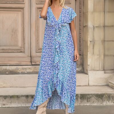 Bohemian print long dress with V-neck