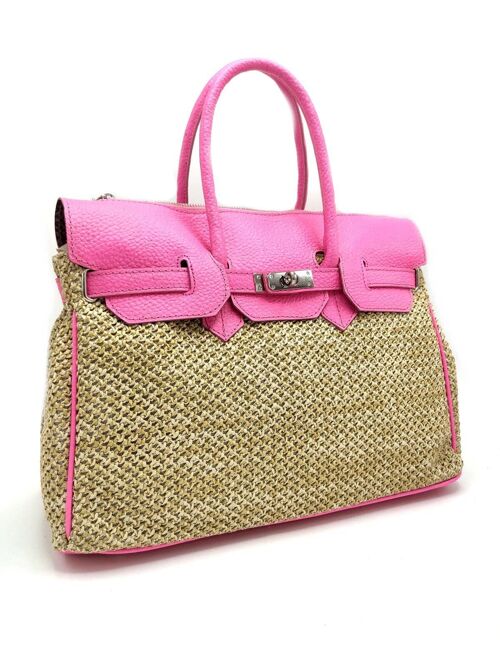 Tumbled genuine leather and woven straw handbag for women, art. 5773PA.466