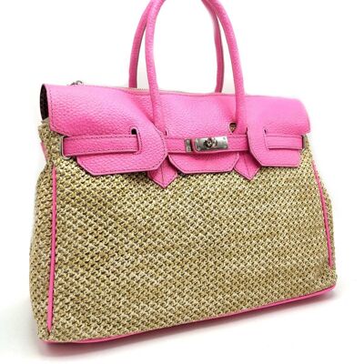 Tumbled genuine leather and woven straw handbag for women, art. 5773PA.466