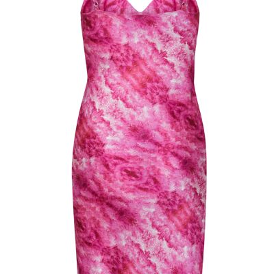 Robe mi-longue rose vif en 100 % soie