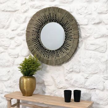 Miroir rond en paille de mendong naturel et noir 60 cm - Sorong 2