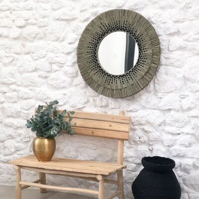 Miroir rond en paille de mendong naturel et noir 80 cm - Sorong