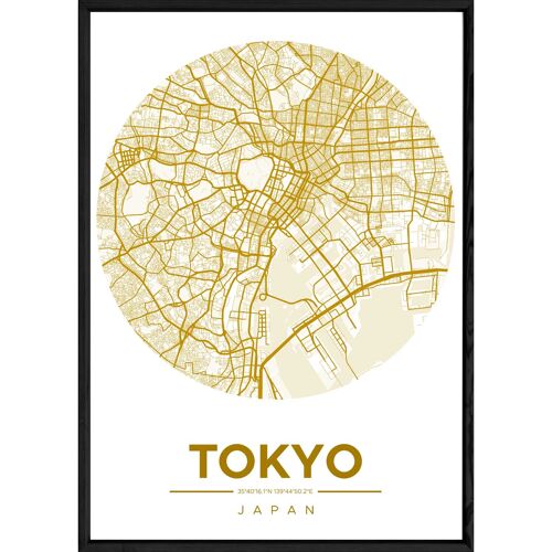 Tableau TOKYO avec cadre noir ROUND JAUNE - Format A4 ROUND-JAUNE-TOKYO
