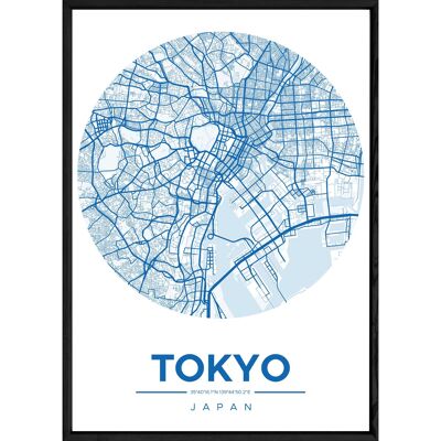 Tableau TOKYO avec cadre noir ROUND BLEU - Format A4 ROUND-BLEU-TOKYO
