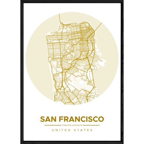 Tableau SAN FRANSISCO avec cadre noir ROUND JAUNE - Format A4 ROUND-JAUNE-SANFRANSISCO