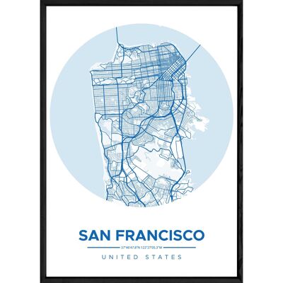 Tafel SAN FRANSISCO mit schwarzem Rahmen RUND BLAU - Größe A4 RUND-BLEU-SANFRANSISCO