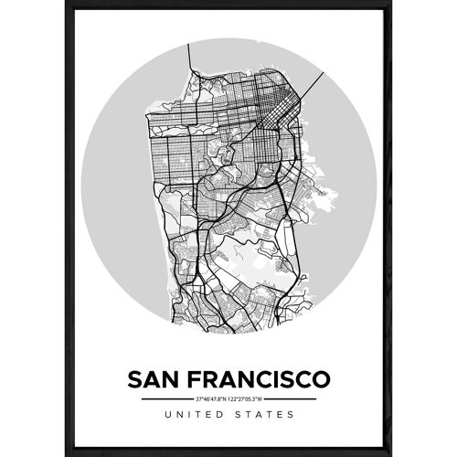Tableau SAN FRANSISCO avec cadre noir ROUND NOIR - Format A4 ROUND-NOIR-SANFRANSISCO