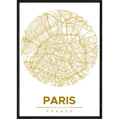 Tableau PARIS avec cadre noir ROUND JAUNE - Format A4 ROUND-JAUNE-PARIS