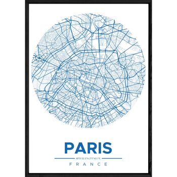 Tableau PARIS avec cadre noir ROUND BLEU - Format A4 ROUND-BLEU-PARIS