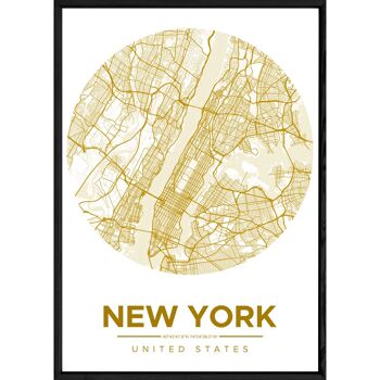 Tableau NEW YORK avec cadre noir ROUND JAUNE - Format A4 ROUND-JAUNE-NEWYORK