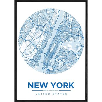 Tableau NEW YORK avec cadre noir ROUND BLEU - Format A4 ROUND-BLEU-NEWYORK