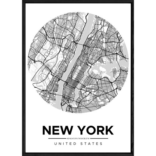 Tableau NEW YORK avec cadre noir ROUND NOIR - Format A4 ROUND-NOIR-NEWYORK