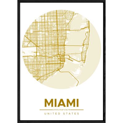 Tableau MIAMI avec cadre noir ROUND JAUNE - Format A4 ROUND-JAUNE-MIAMI