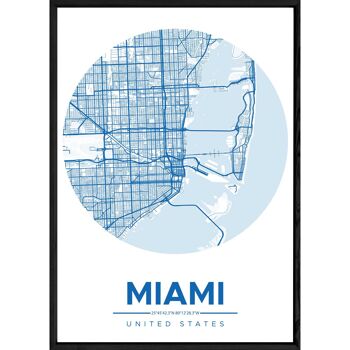 Tableau MIAMI avec cadre noir ROUND BLEU - Format A4 ROUND-BLEU-MIAMI