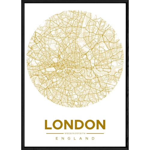 Tableau LONDON avec cadre noir ROUND JAUNE - Format A4 ROUND-JAUNE-LONDON