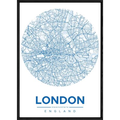 Tableau LONDON avec cadre noir ROUND BLEU - Format A4 ROUND-BLEU-LONDON