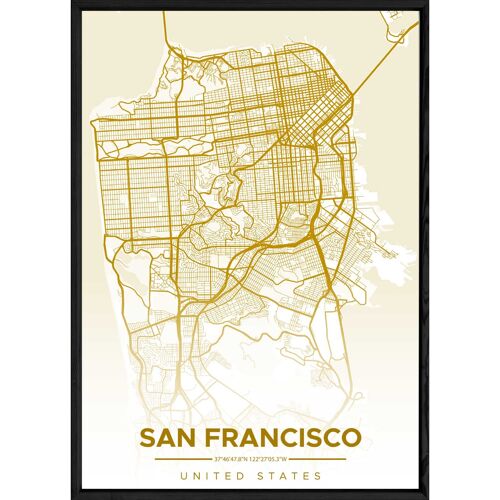 Tableau SAN FRANSISCO avec cadre noir ALL JAUNE - Format A4 ALL-JAUNE-SANFRANSISCO