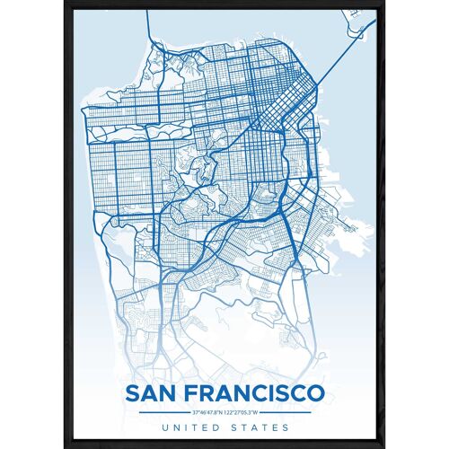 Tableau SAN FRANSISCO avec cadre noir ALL BLEU - Format A4 ALL-BLEU-SANFRANSISCO