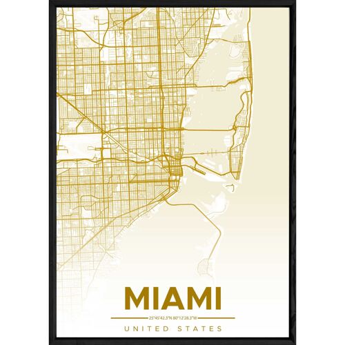 Tableau MIAMI avec cadre noir ALL JAUNE - Format A4 ALL-JAUNE-MIAMI