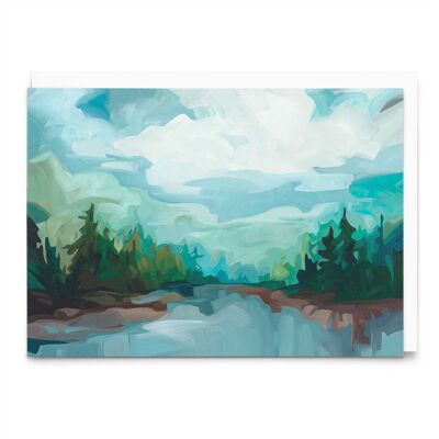 Biglietto d'auguri artistico | Pittura del lago della foresta | Carta artistica in abete rosso blu