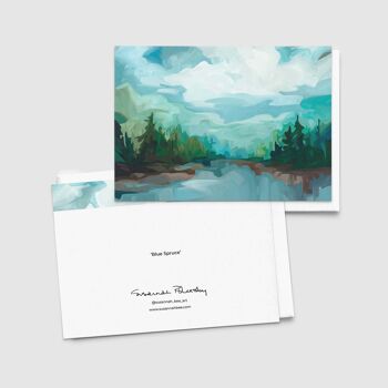 Carte de vœux artistique | Peinture de lac forestier | Carte d'art en épicéa bleu 2