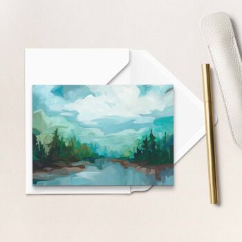 Carte de vœux artistique | Peinture de lac forestier | Carte d'art en épicéa bleu 3